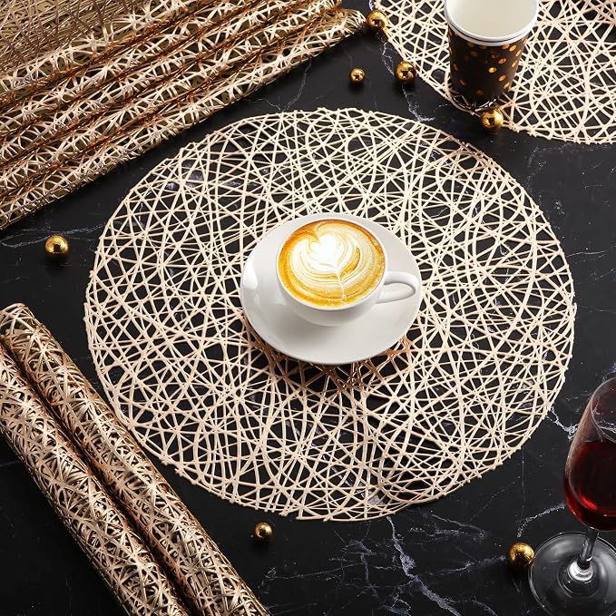 Sieral 12 Packs Round Placemats 15 Inch Hollow Out Pressed Vinyl,Gold | Heat Resistant Woven Texture, Easy Clean for Christmas Dinner Party, Wedding Holiday Centerpiece Dining Table Decor
