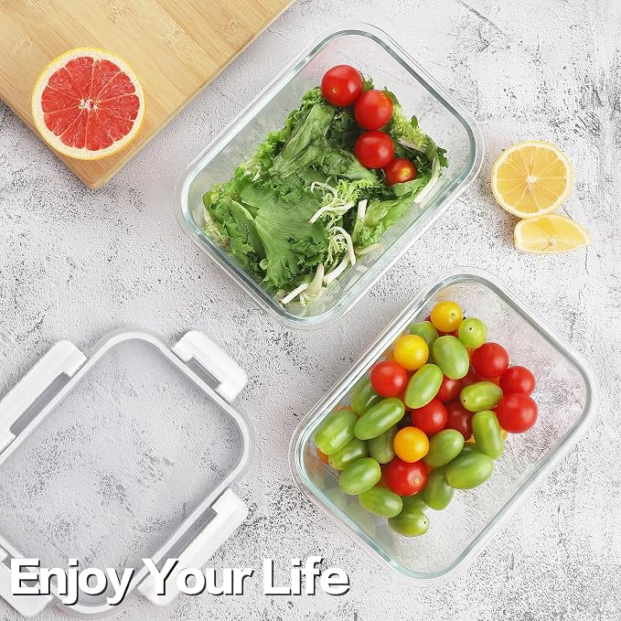 HOMBERKING 24pc Borosilicate Glass Food Storage Containers with Lids, Glass Meal Prep Containers with Leak Proof Snap Lock, Airtight Bento Lunch Boxes, Kitchen Storage (12 lids & 12 Containers)-White