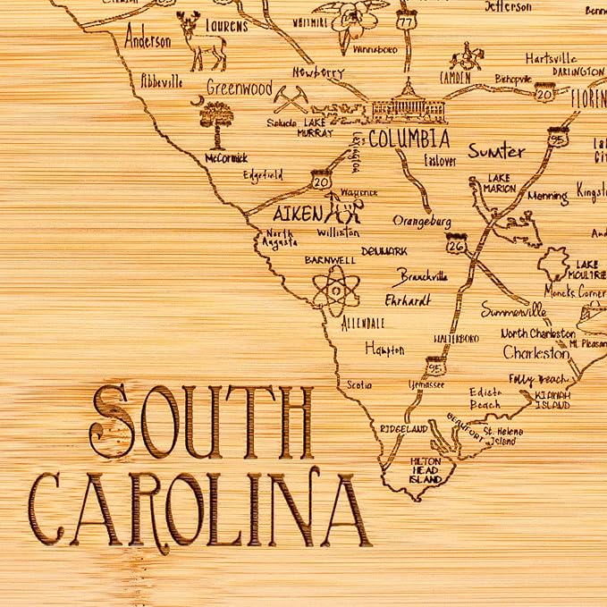Totally Bamboo A Slice of Life South Carolina Engraved Map Cutting Board | 11” x 8.75” charcuterie board with engraved state map artwork. Smooth reverse side for food prep. Hang tie for wall display.