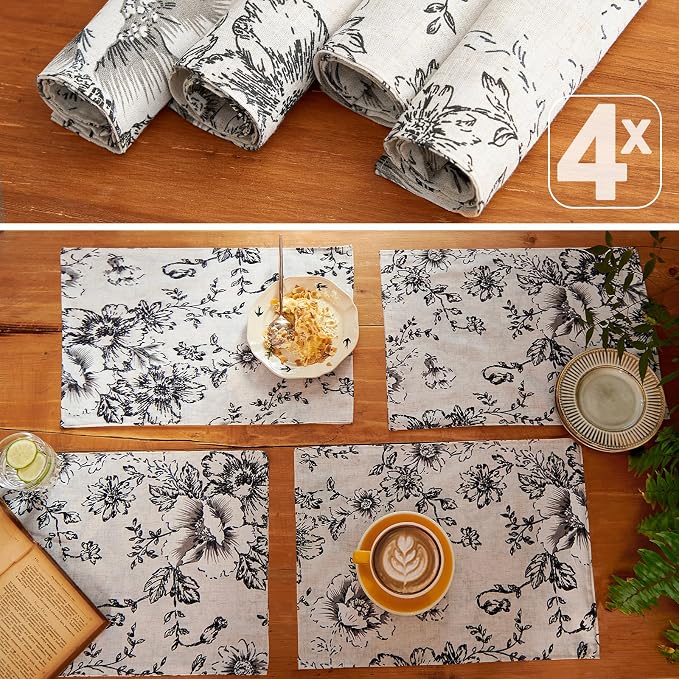 JINCHAN Alice Linen Floral Placemats Set of 4 Farmhouse 13x19 Inch Black | Fabric Placemats, Cottage Style, Floral Line Art, Machine Washable, Easy to Store, Reusable