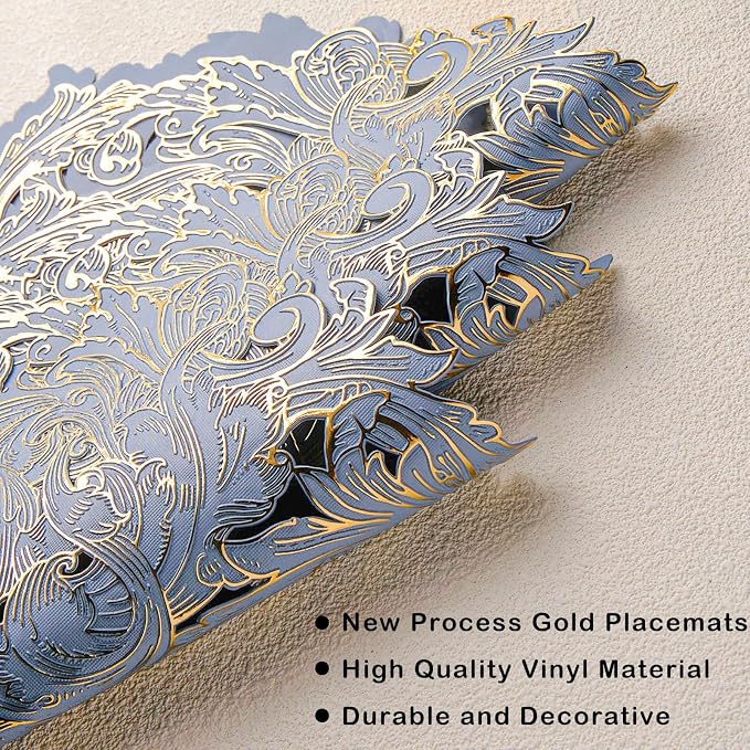 Evevda 15 inch Gold and Blue Placemats Set of 6 Round Reusable Place Mat | Vinyl Plastic Kitchen Table Mats for Home Wedding Party Dining Table Decoration