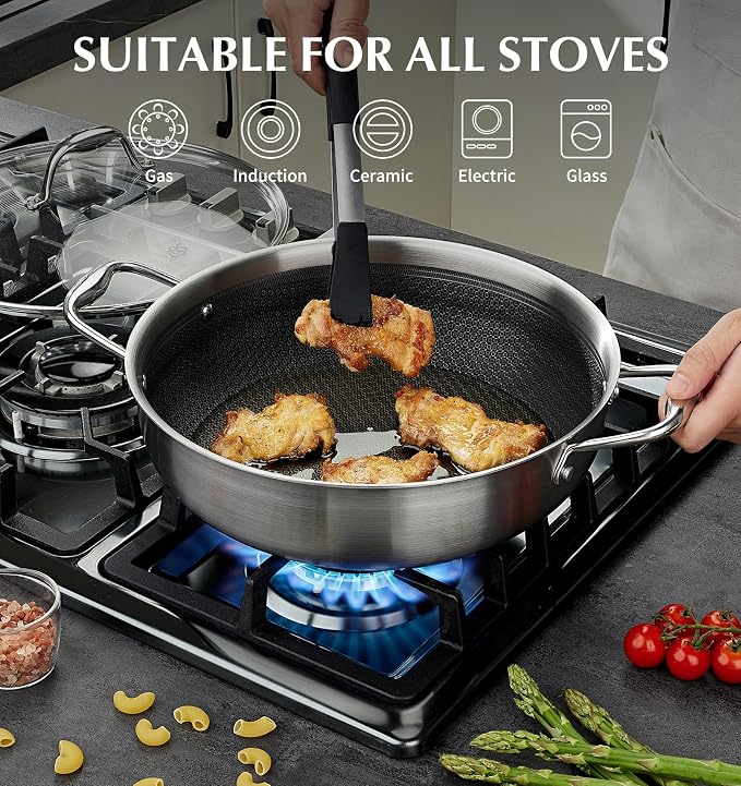 KOCH SYSTEME CS Triply Stainless Steel Saute Pan 12 Inch, Nonstick Hybrid Stainless Steel Saute Pan with Lid, 6 Quart Deep Frying Pan with Honeycomb Interior, 18/10 Steel Pans, Induction Compatible