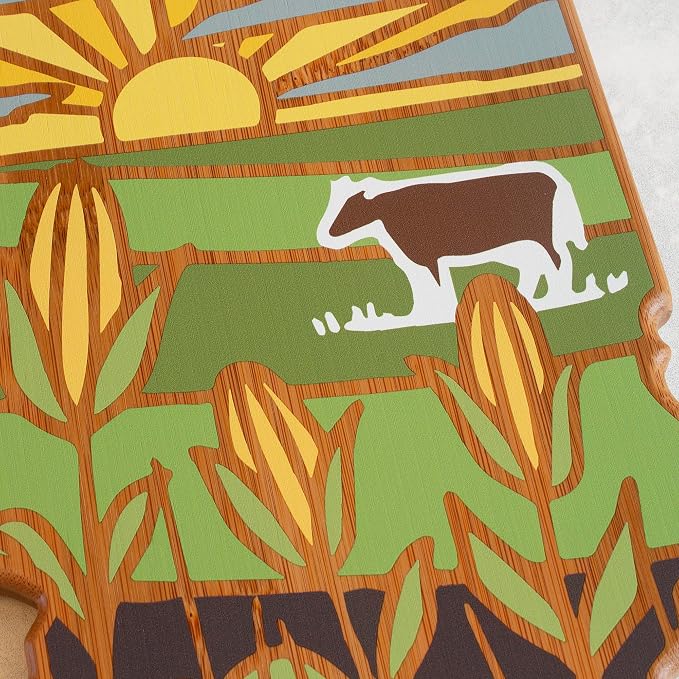 Totally Bamboo Illinois State Shaped Cutting Board, Summer Stokes Art | State charcuterie board with colorful hand-drawn landscape art. Smooth reverse side for food prep. Hang tie for wall display.