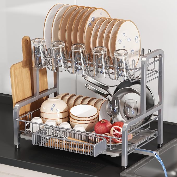 2 Tier Large Stainless Steel Dish Drying Rack for Kitchen Counter | Big Dish Drainer with Drainboard, Cup & Utensil Holder, Space Saving Rustproof Countertop Metal Plate Dryer Rack, Fast Drain