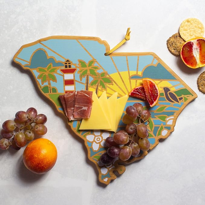Totally Bamboo South Carolina State Shaped Cutting Board, Summer Stokes Art | State charcuterie board with colorful hand-drawn landscape art. Smooth reverse side for food prep. Hang tie for wall display.
