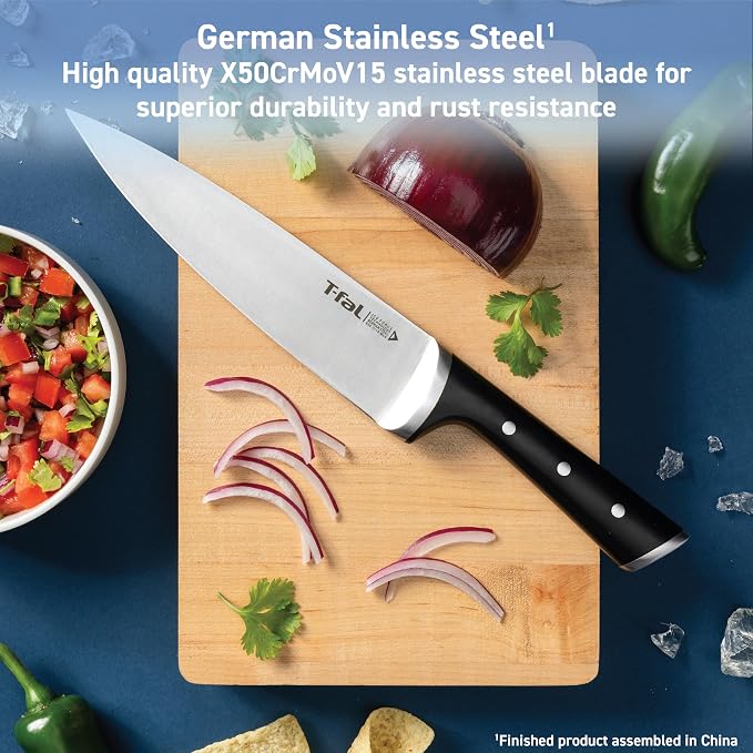 T-Fal Ice Force Kitchen Knife Set, 3-Piece, German Stainless Steel | X50CrMoV15 steel, Ice hardening up to 1800F/-250F, 26-degree cutting edge, Ergonomic finger guard handle, Hand wash only