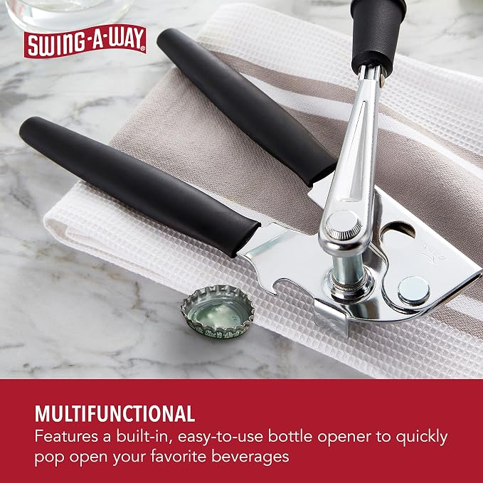 Swing-A-Way Easy-Crank Can Opener with Folding Crank Handle, Black, 3.50 x 4.50 x 10.50 | 8.9" Can Opener with High-Carbon Wheel - Skip-Proof Feed & Integrated Bottle Opener for Easy Operation