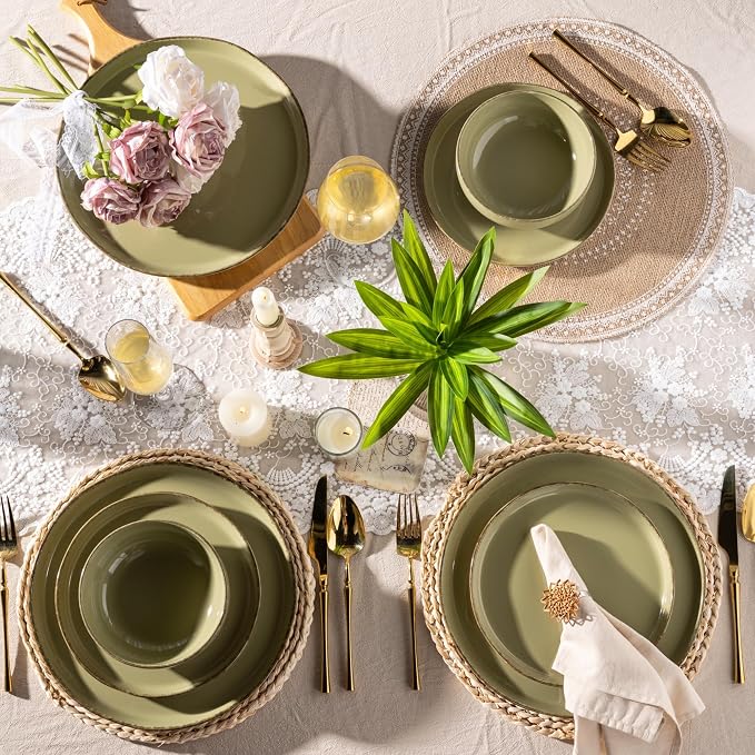 AmorArc Dinnerware Sets for 4, 12 Pieces Ceramic Plates and Bowls Set | Scratch Resistant Stoneware Dishes Set, Dishwasher & Microwave Safe,Olive Green