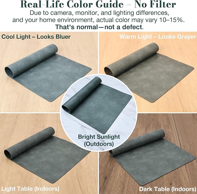 Roxifina Faux Leather Placemats Set of 4 - Vinyl Placemats Wipeable Waterproof Oil-Proof PU Place Mats Heat Resistant Reversible Table Mats for Dining, Kitchen, Outdoor, 12 x 17 Inch (Blue-Green Gray)