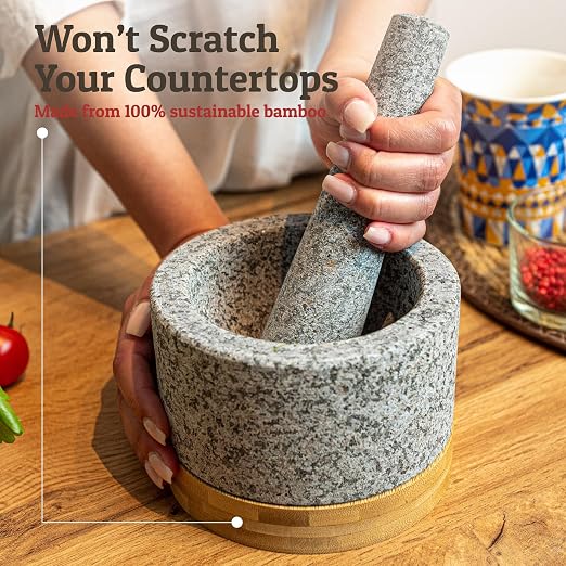 PriorityChef Heavy Duty Mortar and Pestle Set with Bamboo Base, 100% Natural Granite Stone Grinder, Guacamole Bowl and Masher, 1.5 Cups, Grey