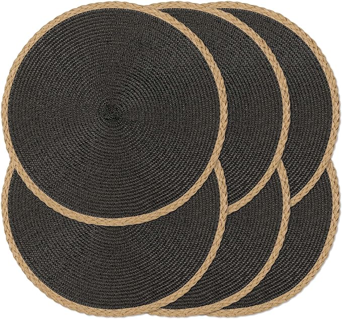 Round Placemats Set of 6, Woven Table Mats, Thin Edge, Black | Braided Paper Edge, 15 Inch Diameter, Fits Dinner Plate and Flatware, Wipeable, Heat Resistant, Indoor Dining, Outdoor Patio