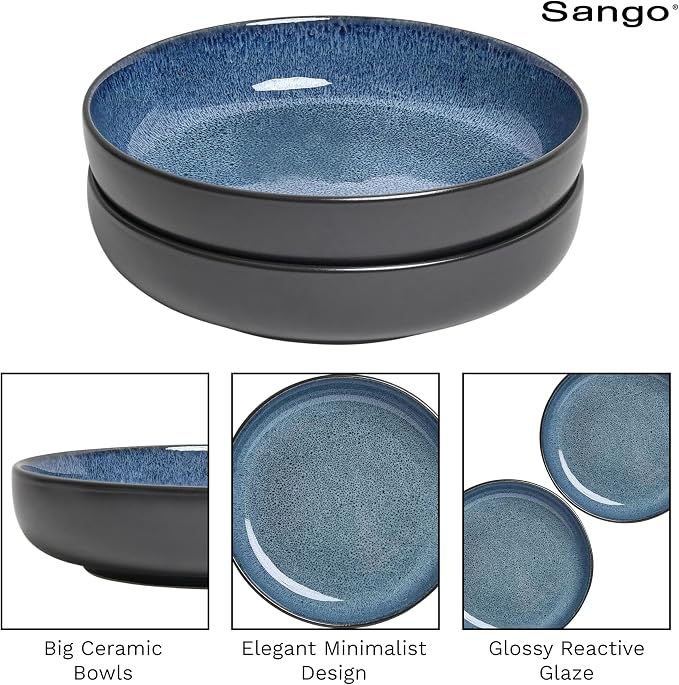 Sango Resona Blue & Black Large Serving Bowl (Set of 2), 64.25 oz, 10" Stoneware Bowls for Pasta, Salad & Dinner, Ceramic Bowls for Entertaining with Glossy Reactive Glaze, Dishwasher & Microwave Safe