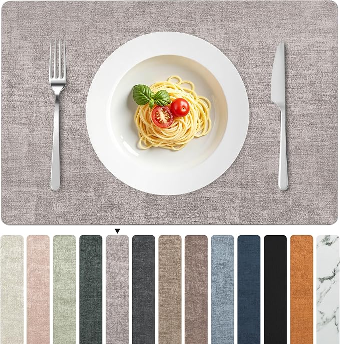 FROMHEART Faux Leather PU Placemats Set of 6 (Light Grey,11.8" x 17") | Waterproof,Heat/Oil Stain-Resistant Table Mat–Reversible,Non-Slip,Easy to Clean Place Mats for Kitchen,Dining,Indoor/Outdoor