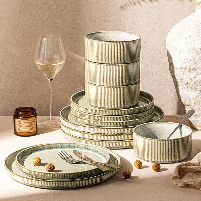 GBHOME Stoneware Dinnerware Sets for 4,12-Piece Plates and Bowls Set | Handmade Reactive Glaze Ceramic Dish Set, Scratch Resistant, Dishwasher&Microwave Safe,Desert Sage