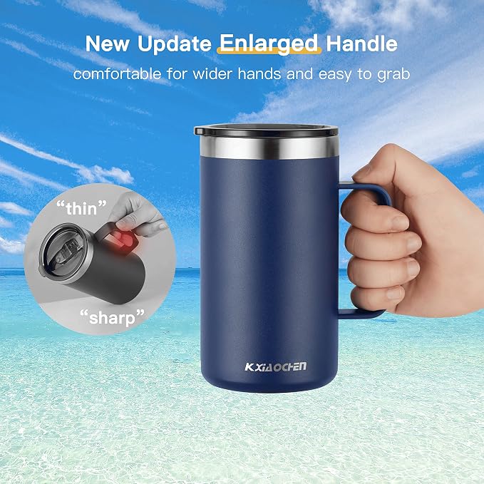 KXIAOCHEN 2-Pack 20 oz Insulated Coffee Mugs, Coffee Cups with Wide Handles | 18/8 stainless steel, sliding lids, 6+ hours hot or 12+ hours cold, wide mouth, no-sweat, for office, home, camping and gifts