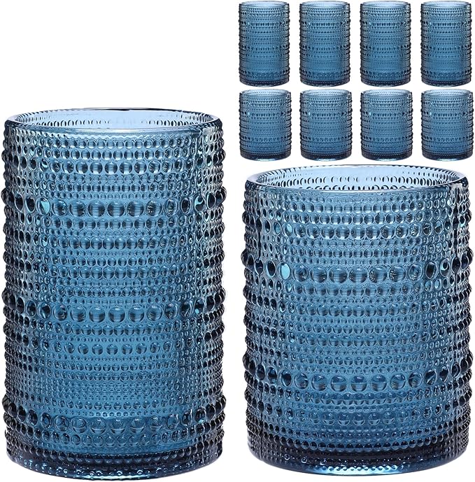 ZMOWIPDL 12oz & 15oz Hobnail Drinking Glasses,Blue Glass Cups Set of 8 | Vintage Highball Glassware，Kitchen Drinkware，Embossed Water Tumbler,for Beer,Cocktail,Whiskey,Juice,Various Mixed Drinks