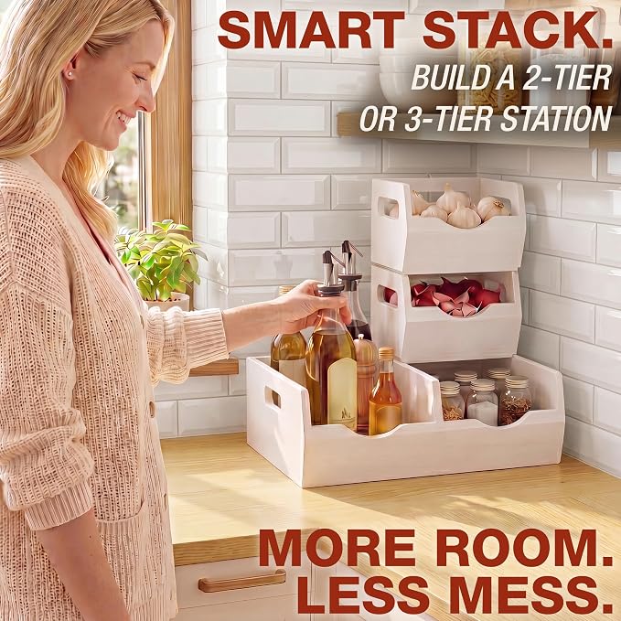 HOMESTEAD Stackable Solid Wood Storage Bins for Kitchen Pantry & Countertop, Ventilated Potato and Onion Basket Organizer with Handles, Wooden Produce Storage Containers, 3-Pack, White