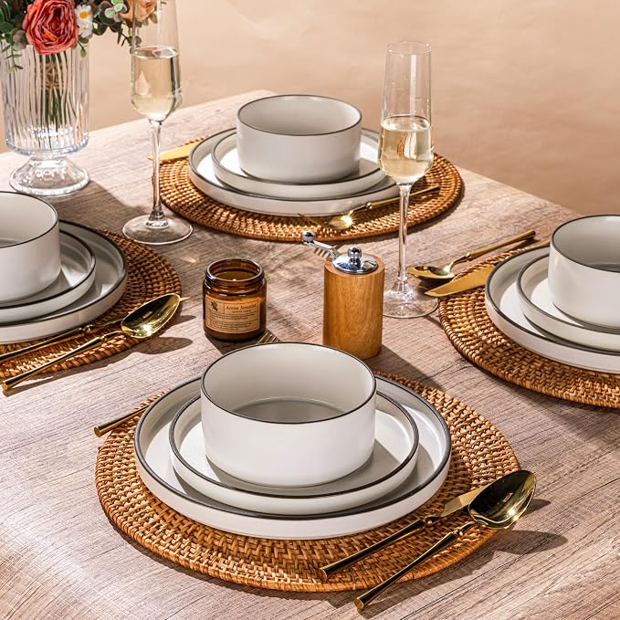 LERATIO Stoneware Dinnerware Sets for 6,18-Piece Matte Plates and Bowls Set | Handmade High Edge Rim Dish Set,Oven & Microwave,Dishwasher Safe,Scratch Resistant-Creamly White
