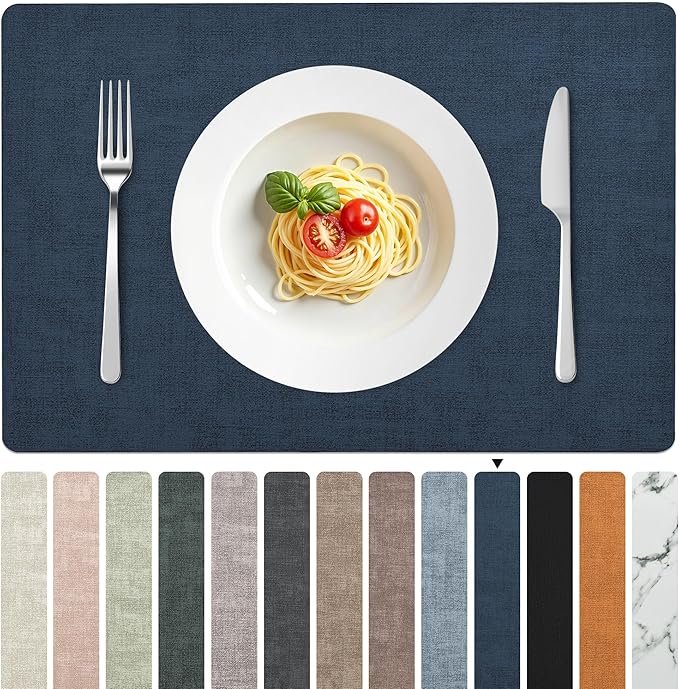 FROMHEART Faux Leather PU Placemats Set of 6 (Dark Blue,11.8" x 17") | Waterproof,Heat/Oil Stain-Resistant Table Mat–Reversible,Non-Slip,Easy to Clean Place Mats for Kitchen,Dining,Indoor/Outdoor