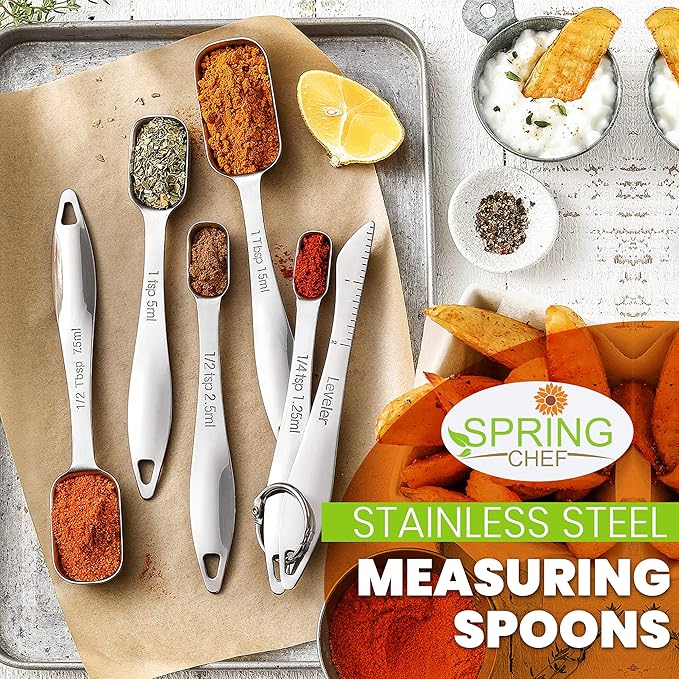 Spring Chef Stackable Stainless Steel Measuring Spoons Set of 6 w/Leveler | Rectangular Metric Metal Teaspoon & Tablespoon Measuring Spoons for Dry & Liquid Ingredients, Fits in Spice Jars, Long Handle