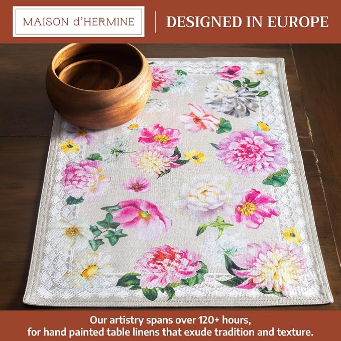Maison d' Hermine Placemats Set of 4 Reusable 100% Cotton (13"x19") | Cloth Place Mats Washable Table Mats for Kitchen Dining Party Wedding Hotel Home Restaurant Spring Summer - Pivoine