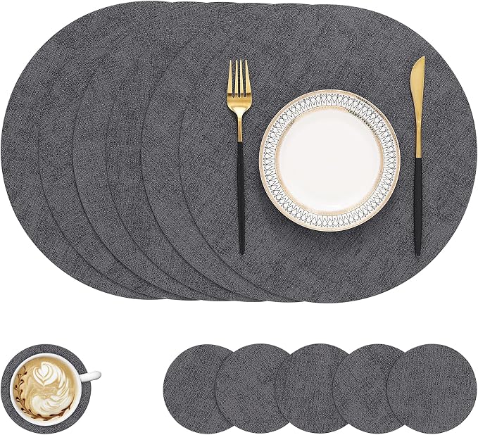 Round Faux Leather Placemat and Coaster 6 Packs, Washable Heat Resistant Dining Place Mats, Wipeable Double-Sided Table Mats for Indoor and Outdoor, Diameter 13 and 3.93 inch, Charcoal