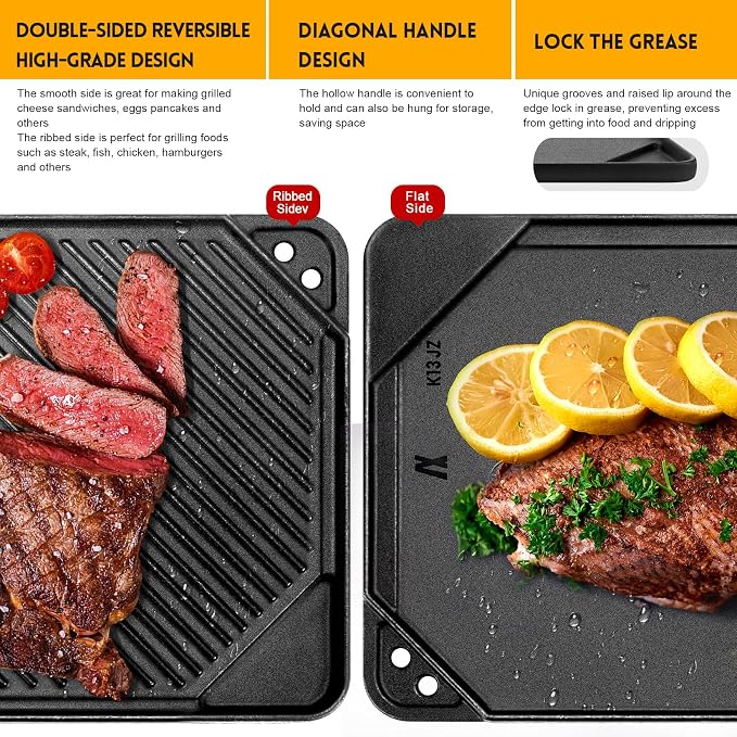 GGC Reversible Cast Iron Griddle, 20" x 10.5" Rectangular Griddle Pan | Double Sided Griddle Pan Perfect for Gas Grills, Stove Tops and Outdoor Cooking, Baking Flat and Ribbed Griddle Plate