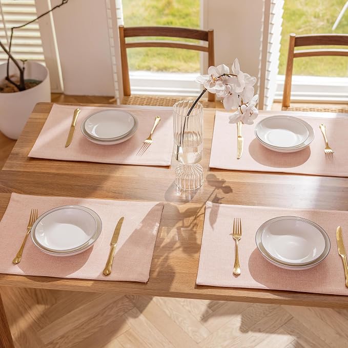 Demetex Pink Placemats Set of 4 Heat Resistant Linen Plate Mats Washable Cloth Place Mats for Dining Tables Restaurants, 13 x 19 inches, Pink