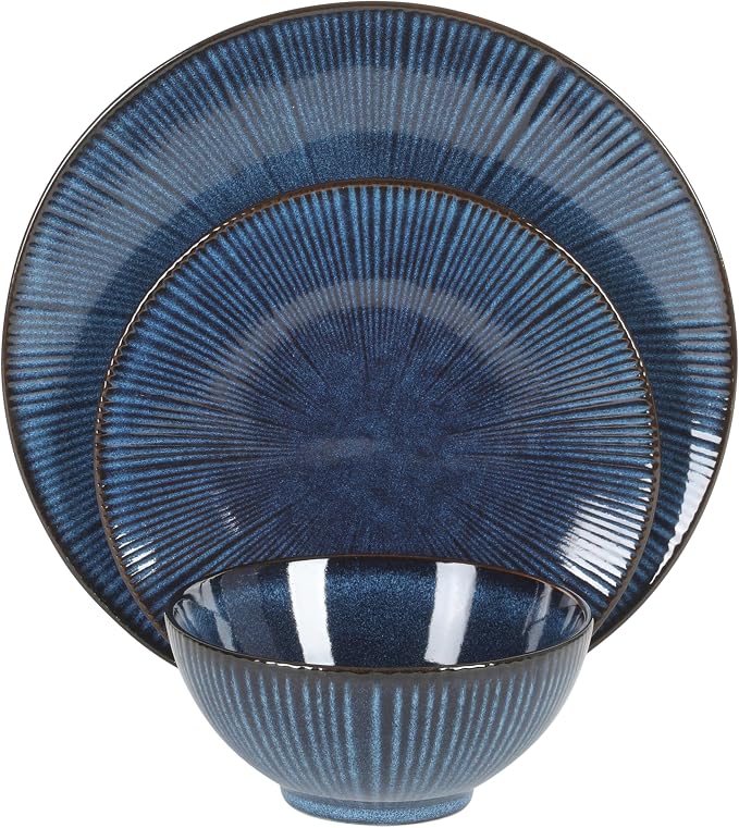 Gibson Elite Midnight Lune Plates and Bowls Sets, 12-Piece Stoneware Dinnerware Sets, Reactive Glaze Dish Set - Blue