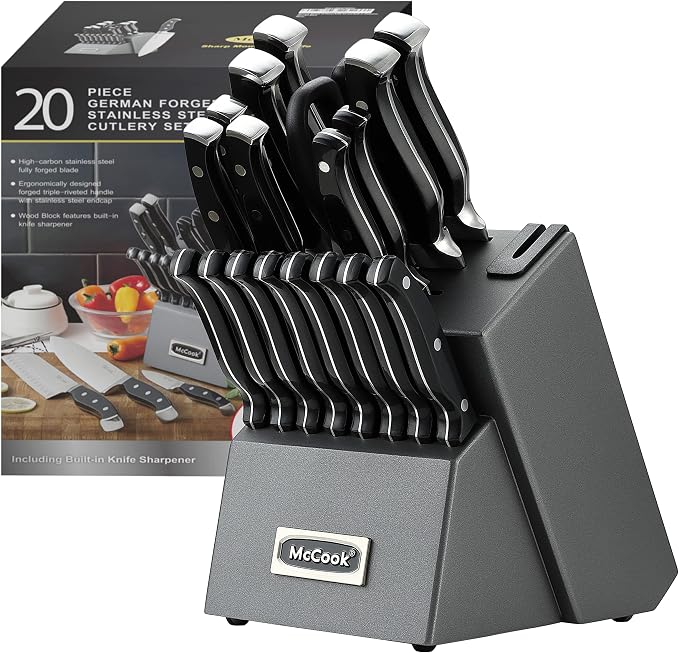 McCook Knife Set Sharp Kitchen Knife Block Set w Built-in Sharpener | German Forged Stainless Steel,20 PC,Anti-Rust,Triple Rivet,Restaurant Grade,Ergonomic Handle,Full Tang,Gift Box