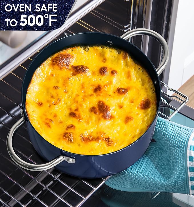 MICHELANGELO 5 Qt Ceramic Nonstick Stock Pot with Lid for Daily Meals, Blue | Aluminum stock pot with ceramic nonstick coating, glass lid, stainless handles and induction-ready base for small households