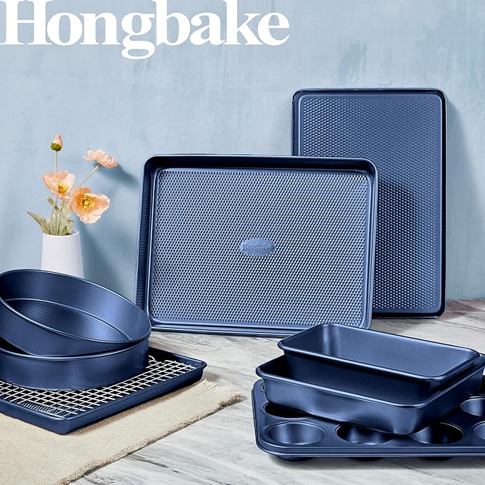 9-Piece Baking Pans Set Nonstick, Stackable Non Toxic Bakeware Sets with Diamond Texture, Oven Pan Set for Cooking, Includes Cookie Sheet with Rack, Cake Pan, Roasting Pan, Muffin Tin, Blue