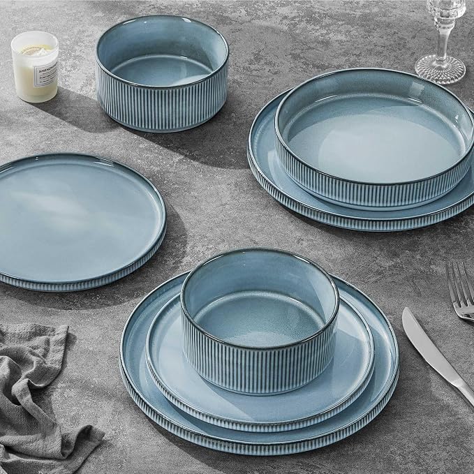 LIANYU Dinnerware Plates and Bowls Dishes Set, 8 Piece Elegant Stoneware Sets with Pasta Bowls for 2, Modern Ribbed Ceramic Dining Ware for Restaurant Wedding, Dishwasher Safe, Slate Blue