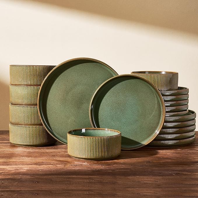 Dinnerware Set for 6, Ceramic Ribbed Plates, Bowls, Dishes | 18-Piece Stoneware Dinner Sets, Handmade Reactive Glaze, Microwave & Dishwasher Safe, Chip & Scratch Resistant, Moss Green