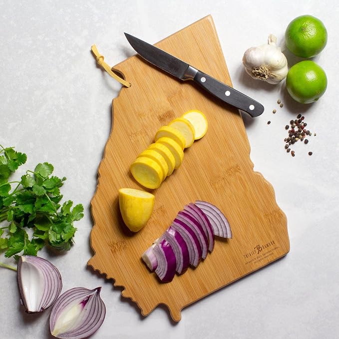 Totally Bamboo Georgia State Shaped Cutting Board, Summer Stokes Art | State charcuterie board with colorful hand-drawn landscape art. Smooth reverse side for food prep. Hang tie for wall display.