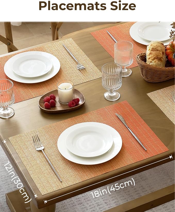 Leetaltree Gradient Burnt Orange Woven Placemats Set of 12 - Heat Resistant Non-Slip Fall Place Mats for Dining Table, Washable Durable PVC Vinyl Woven Table Mats(Gradient Orange-red, 12)