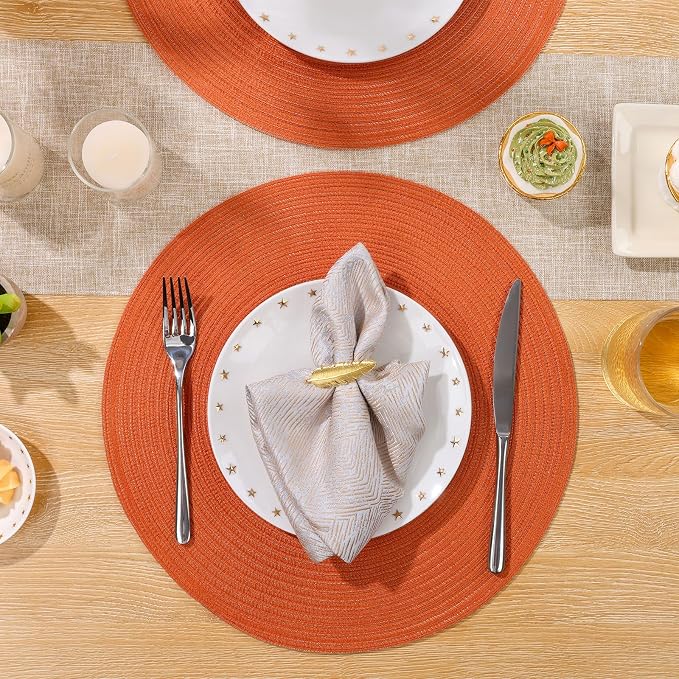 SHACOS Round Placemats Set of 4 for Dining Table Autumn Fall Round Braided Place Mats Washable Non Slip Kitchen Table Mats Decor, Bright Orange