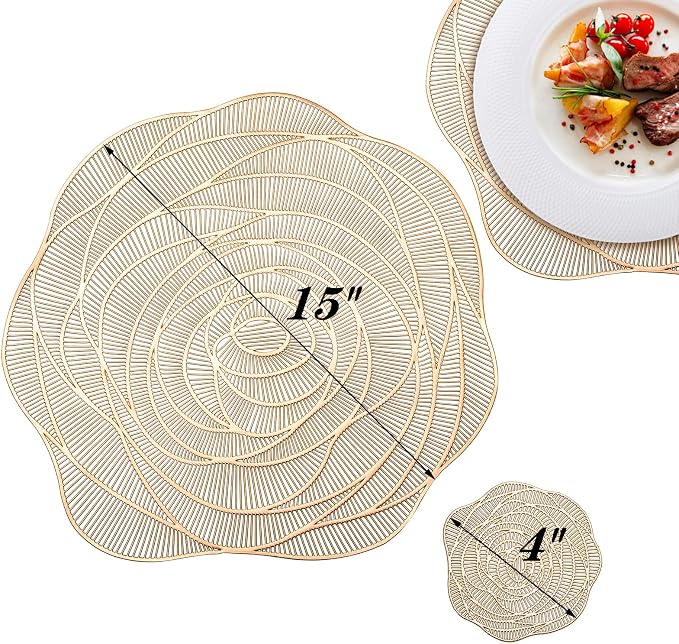 Lyellfe 20 Pack Gold Pressed Vinyl Placemats, 15 Inch Metallic Non-Slip | Washable PVC Chargers Placemat, including 10 Placemats and 10 Coasters for Dining Table, Wedding, Party, Rose Flower Shape