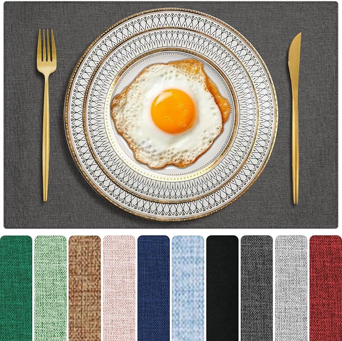 Cloth Placemats Set of 6, Cotton Linen Blend Place Mats, Dark Gray | Machine Washable, Double Layered, Heat Resistant, Fabric Dining Table Mats for Kitchen, Indoor & Outdoor, 13" x 19"