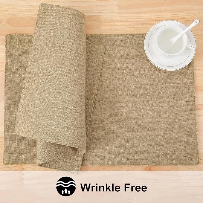 Faux Cotton Linen Placemats Set of 8, Cloth Washable Farmhouse Dining Table Mats for Indoors & Outdoors, Easy to Clean, Linen, 13 x 19 Inch