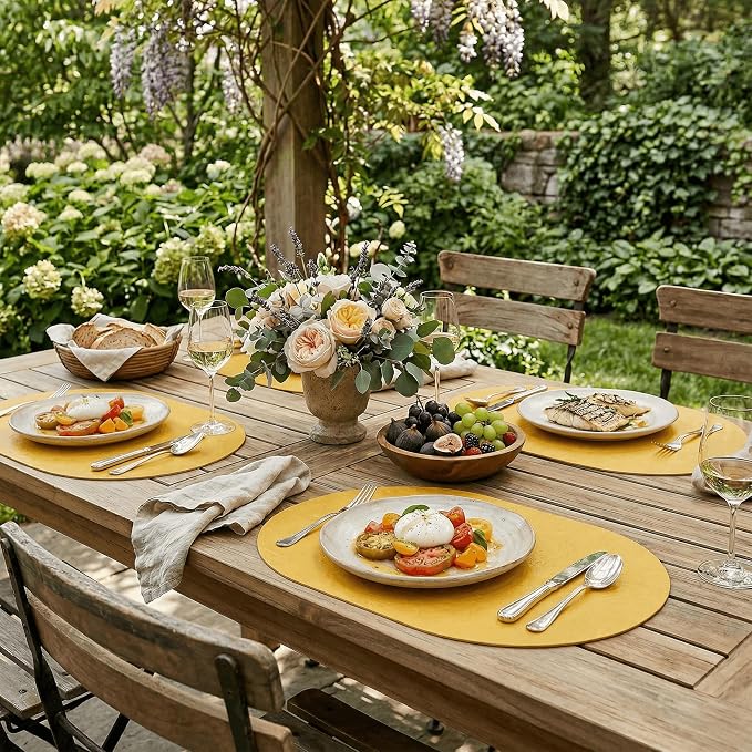 Artoid Mode Yellow Faux Leather Oval Placemats Set of 6, 12 x 18 Inch Waterproof Wipeable Heat Resistant Vinyl Place Mats, Reversible Table Mats for Kitchen Dining Decor