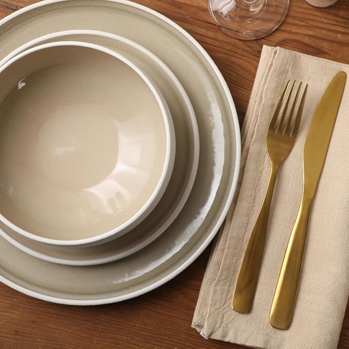 Gibson Elite Pacifco Beach Plates and Bowls Sets, 12-Piece Stoneware Dinnerware Sets, Reactive Glaze Dish Set - Taupe