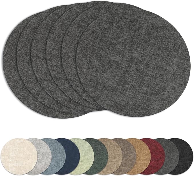 13" Round Placemats Set of 6, Reversible Faux Leather Wipeable Table Mats | 2mm Vinyl Heat Resistant, Waterproof Oilproof Scratch Proof Non-Slip, Washable for Kitchen Dining Indoor Outdoor (Deep Gray)