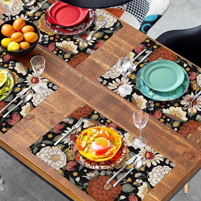 Black Boho Floral Placemats Set of 4 Spring Summer Vintage Flowers Botanical Decorative Table Mats Mid Century Modern Linen Place Mats for Party Kitchen Dining Outdoor Indoor Decor
