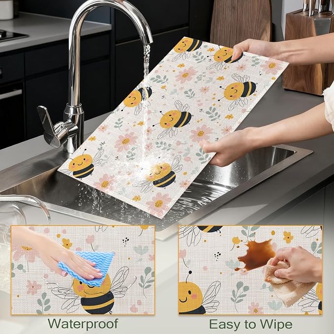 Table Placemats Set of 6,Cute Bee Cloth Placemats,Spring Flowers Heat-Resistant Table Mats for Kitchen Dining Room Decoration,Non-Slip Fabric Place Mats 11.8x17.7 Inch
