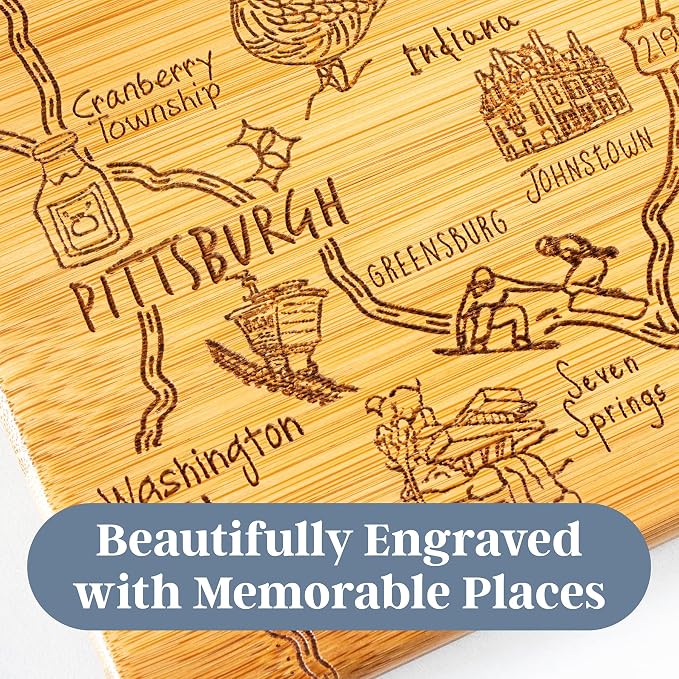 Totally Bamboo Destination Pennsylvania State Shaped Cutting Board | State charcuterie serving board with engraved map artwork. Smooth reverse side for food prep. Hang tie for wall display.