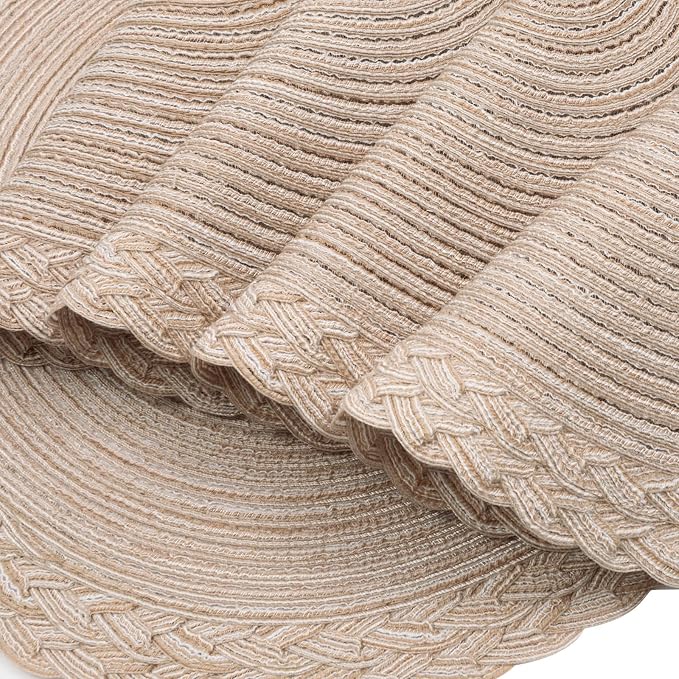 SHACOS 15 inch Round Placemats Set of 6 Boho Woven Braided Border Table Mats Washable Heat Resistant Circle Place Mats for Dining Table, Beige