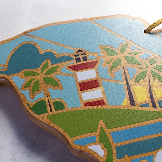 Totally Bamboo South Carolina State Shaped Cutting Board, Summer Stokes Art | State charcuterie board with colorful hand-drawn landscape art. Smooth reverse side for food prep. Hang tie for wall display.