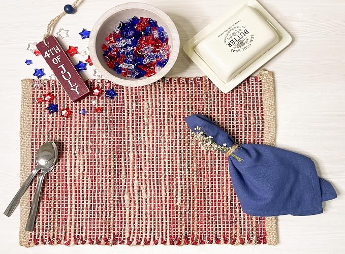 Natural Jute & Red Placemats, Set of 4 – Rustic Handmade Boho Table Mats, 13x19 Inch Dining Table Placemats for Kitchen, Everyday Meals, Holidays, Farmhouse or Modern Table Décor