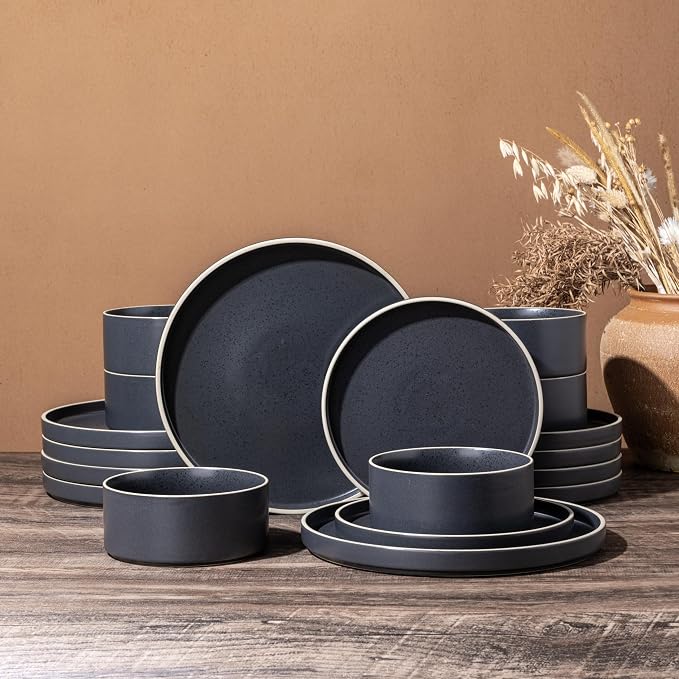 LERATIO Stoneware Dinnerware Sets for 6,18-Piece Matte Plates and Bowls Set | Handmade High Edge Rim ceramic Dish Set,Oven & Microwave,Dishwasher Safe,Scratch Resistant-Speckeld Black